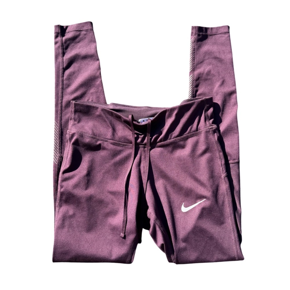 Nike Womens Dri-FIT Running Leggings Plum Burgundy Reflective Tights Size S